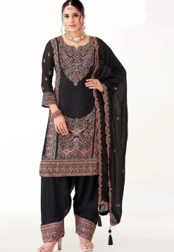 Embroidered Georgette Punjabi Suit in Black