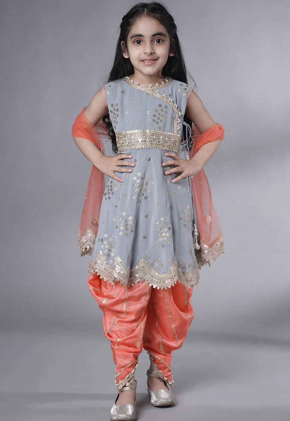 Embroidered Georgette Punjabi Suit in Grey