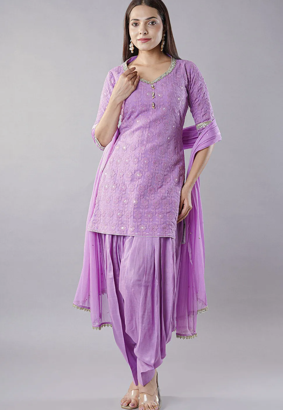 Embroidered Georgette Punjabi Suit in Light Purple