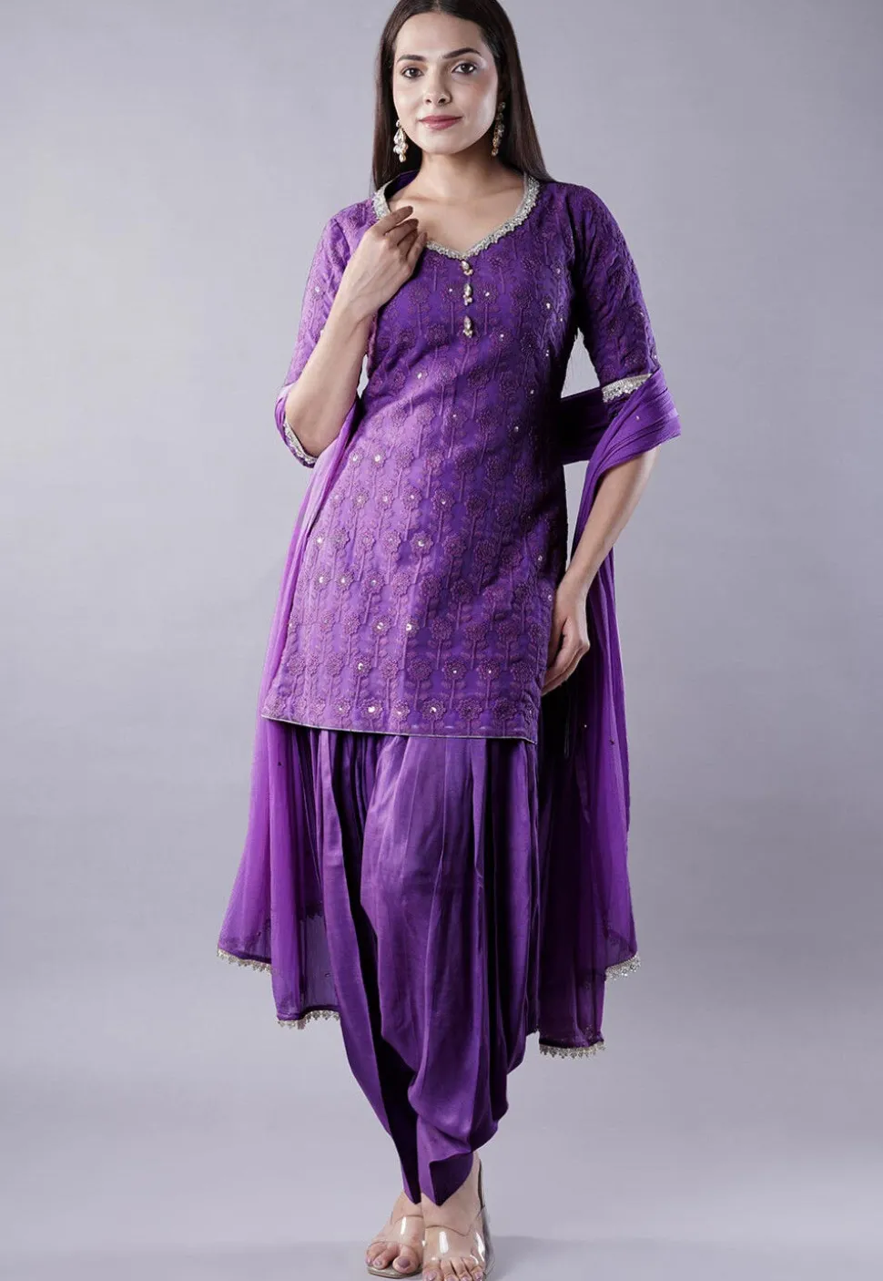 Embroidered Georgette Punjabi Suit in Dark Purple
