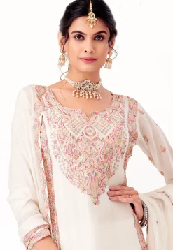 Embroidered Georgette Punjabi Suit in Off White