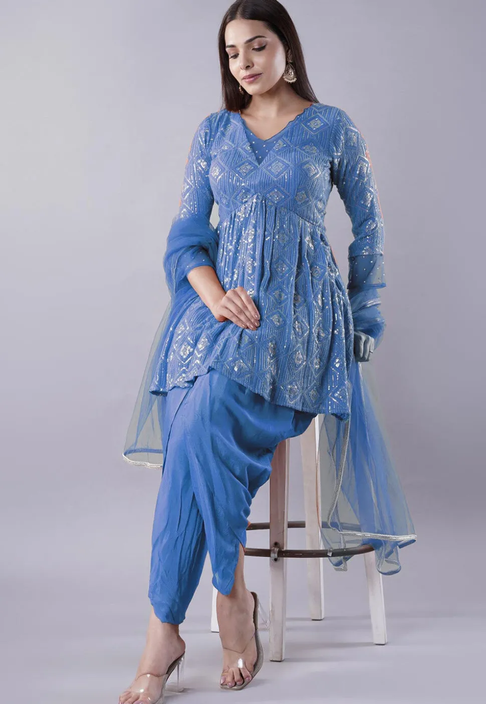 Embroidered Georgette Punjabi Suit in Blue