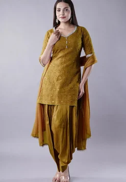 Embroidered Georgette Punjabi Suit in Olive Green