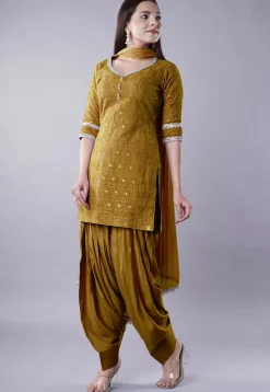 Embroidered Georgette Punjabi Suit in Olive Green