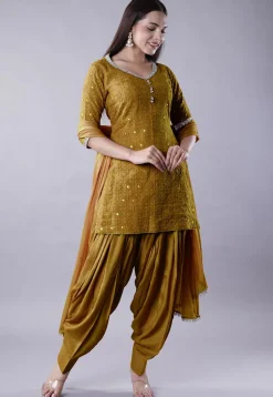 Embroidered Georgette Punjabi Suit in Olive Green