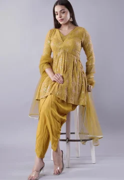 Embroidered Georgette Punjabi Suit in Mustard