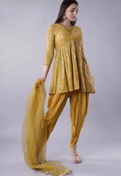 Embroidered Georgette Punjabi Suit in Mustard