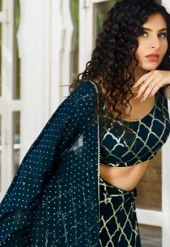 Embroidered Georgette Ruffled Lehenga in Indigo Blue