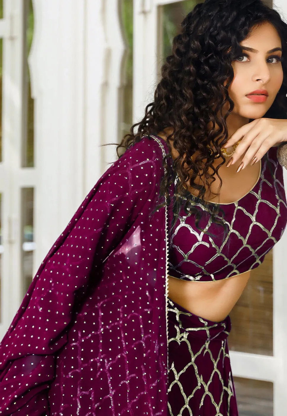 Embroidered Georgette Ruffled Lehenga in Magenta