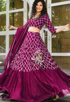Embroidered Georgette Ruffled Lehenga in Magenta