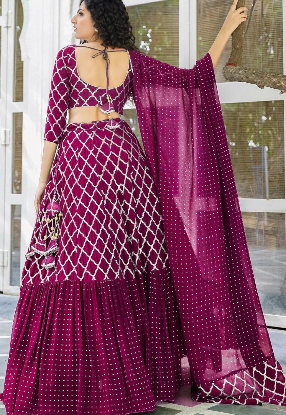Embroidered Georgette Ruffled Lehenga in Magenta