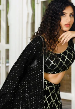 Embroidered Georgette Ruffled Lehenga in Black