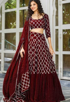 Embroidered Georgette Ruffled Lehenga in Maroon