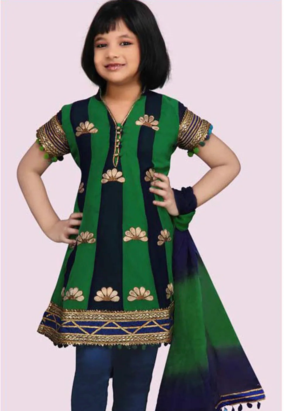 Embroidered Georgette Salwar Set in Green and Navy Blue