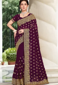 Embroidered Georgette Saree in Wine