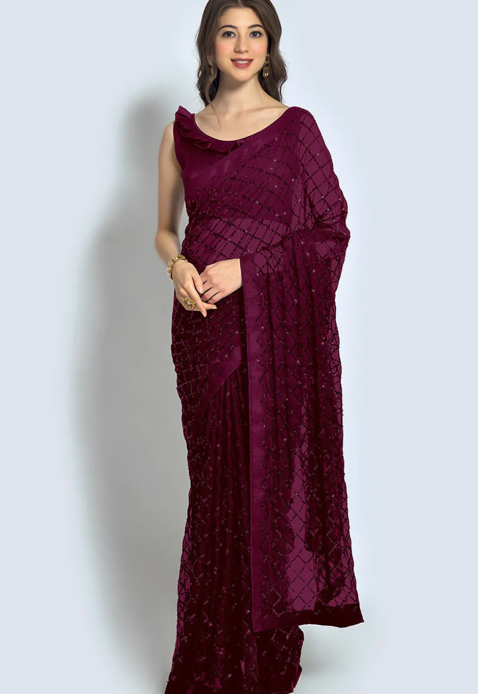 Embroidered Georgette Saree in Wine