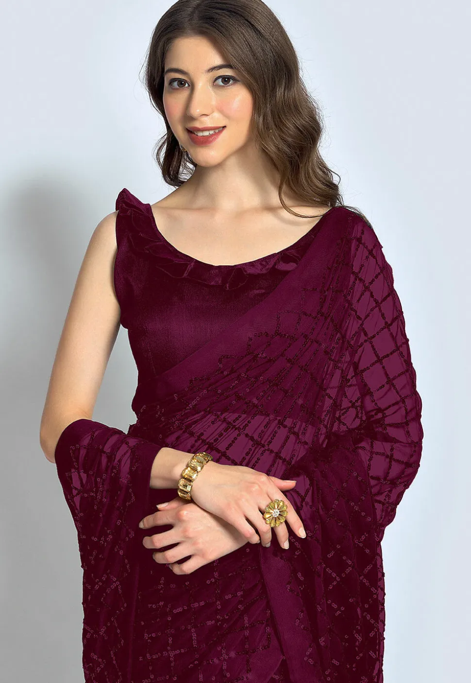 Embroidered Georgette Saree in Wine