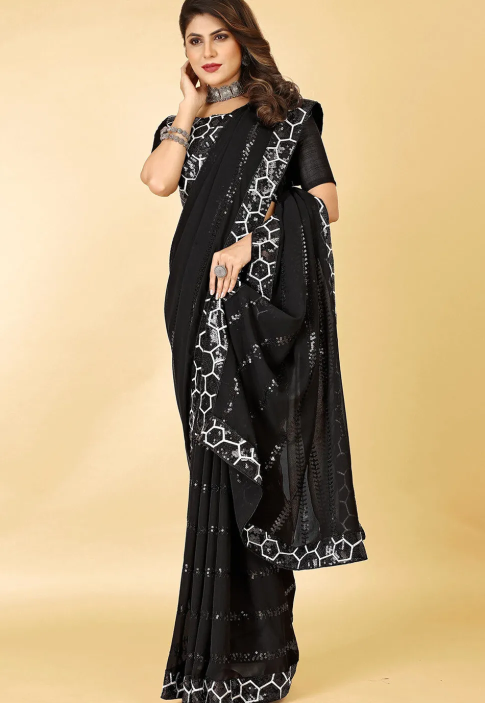 Embroidered Georgette Saree in Black