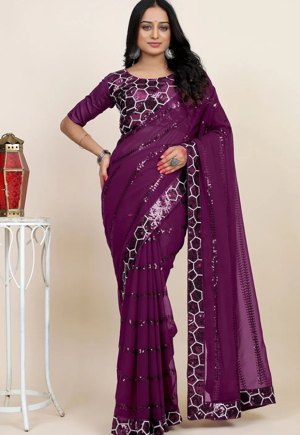 Embroidered Georgette Saree in Purple