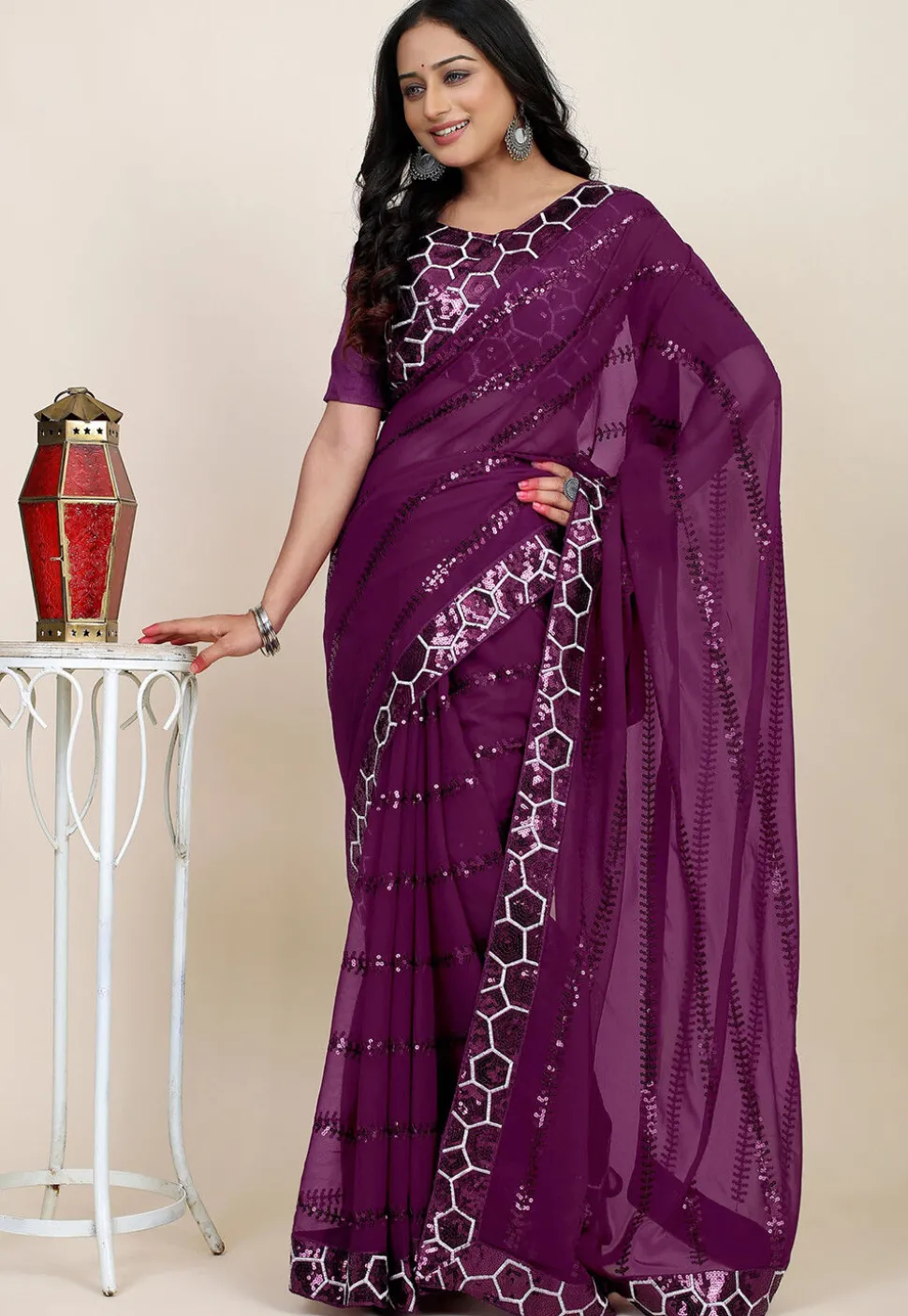 Embroidered Georgette Saree in Purple
