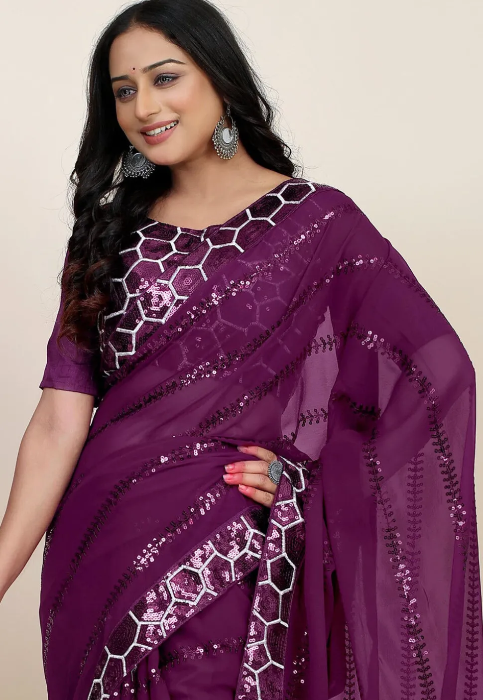 Embroidered Georgette Saree in Purple