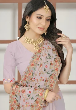 Embroidered Georgette Saree in Peach