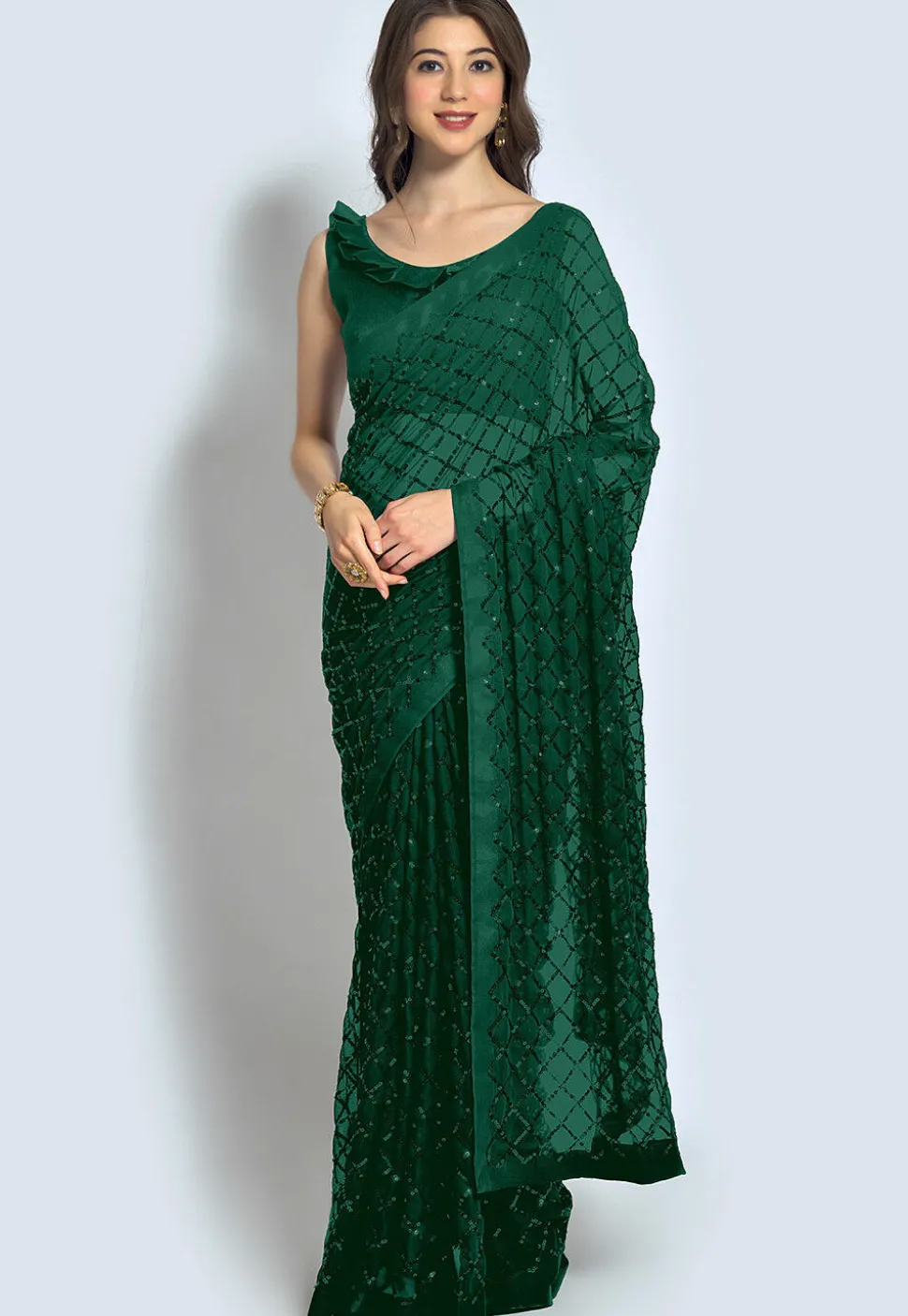 Embroidered Georgette Saree in Green