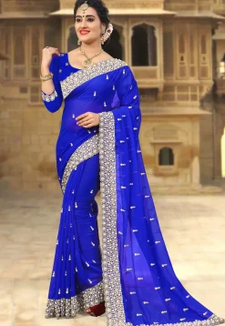 Embroidered Georgette Saree in Royal Blue