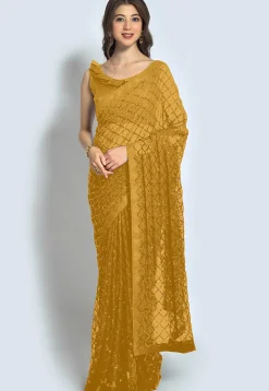 Embroidered Georgette Saree in Beige