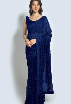 Embroidered Georgette Saree in Navy Blue