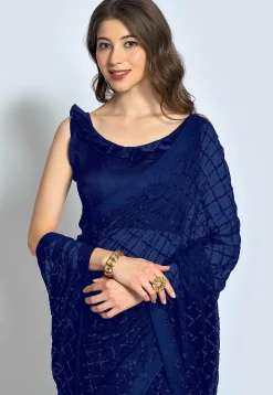 Embroidered Georgette Saree in Navy Blue