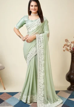 Embroidered Georgette Saree in Light Green