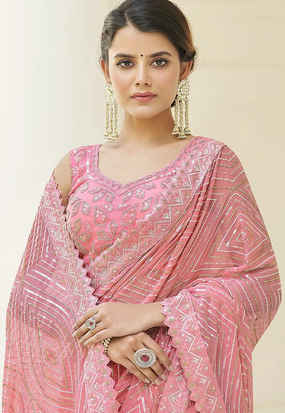 Embroidered Georgette Saree in Pink