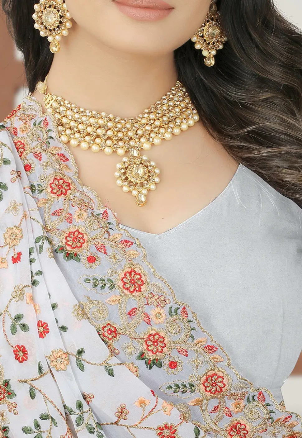 Embroidered Georgette Saree in Off White