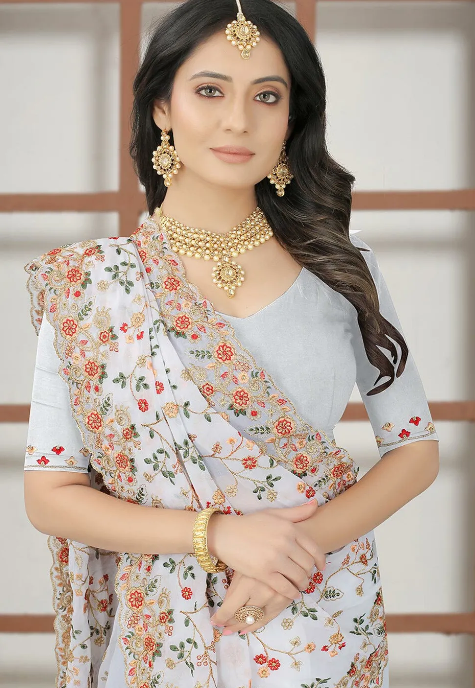 Embroidered Georgette Saree in Off White