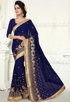 Embroidered Georgette Saree in Navy Blue