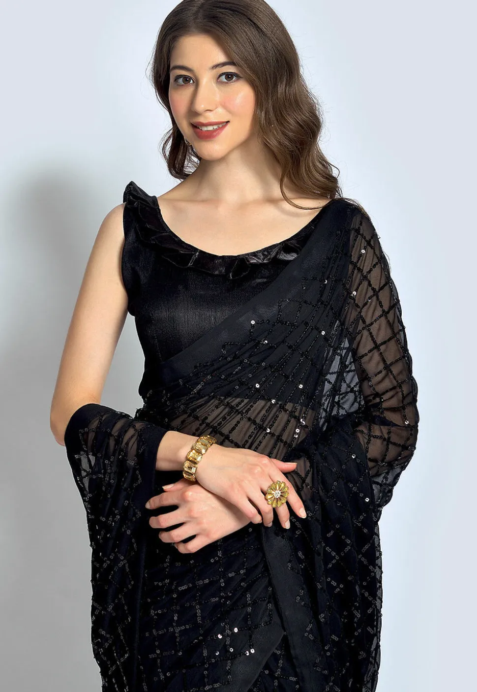 Embroidered Georgette Saree in Black