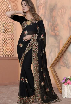 Embroidered Georgette Saree in Black