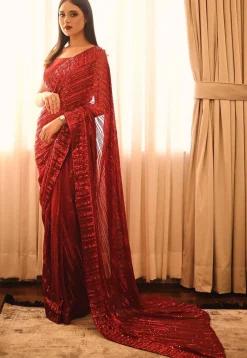 Embroidered Georgette Saree in Red