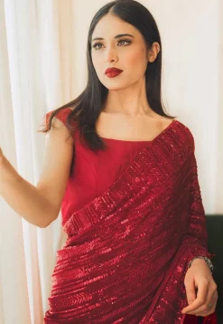 Embroidered Georgette Saree in Red