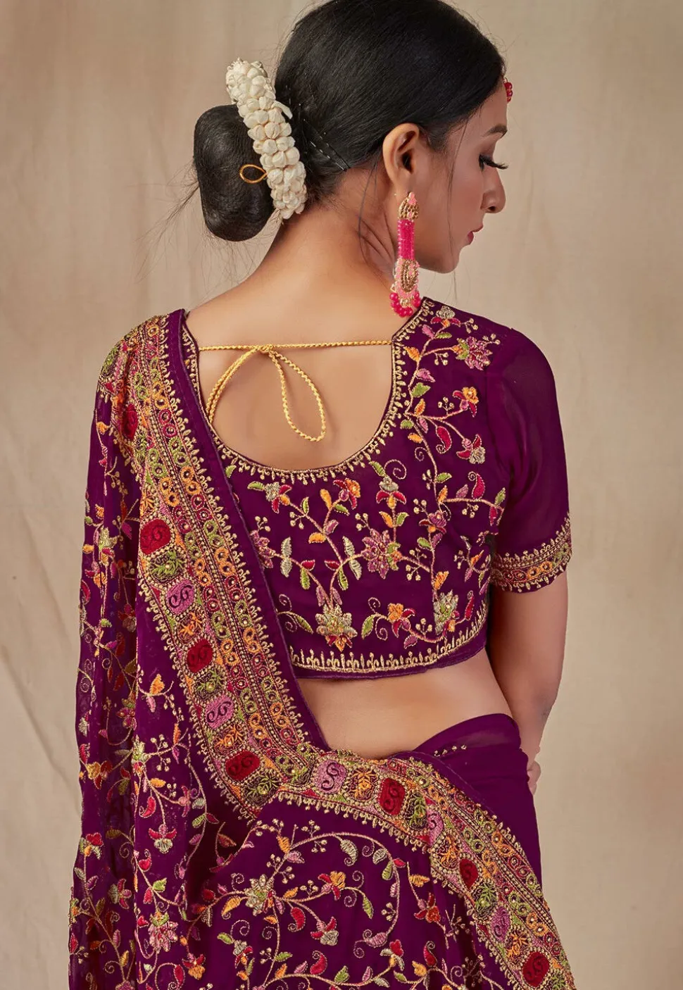 Embroidered Georgette Saree in Purple