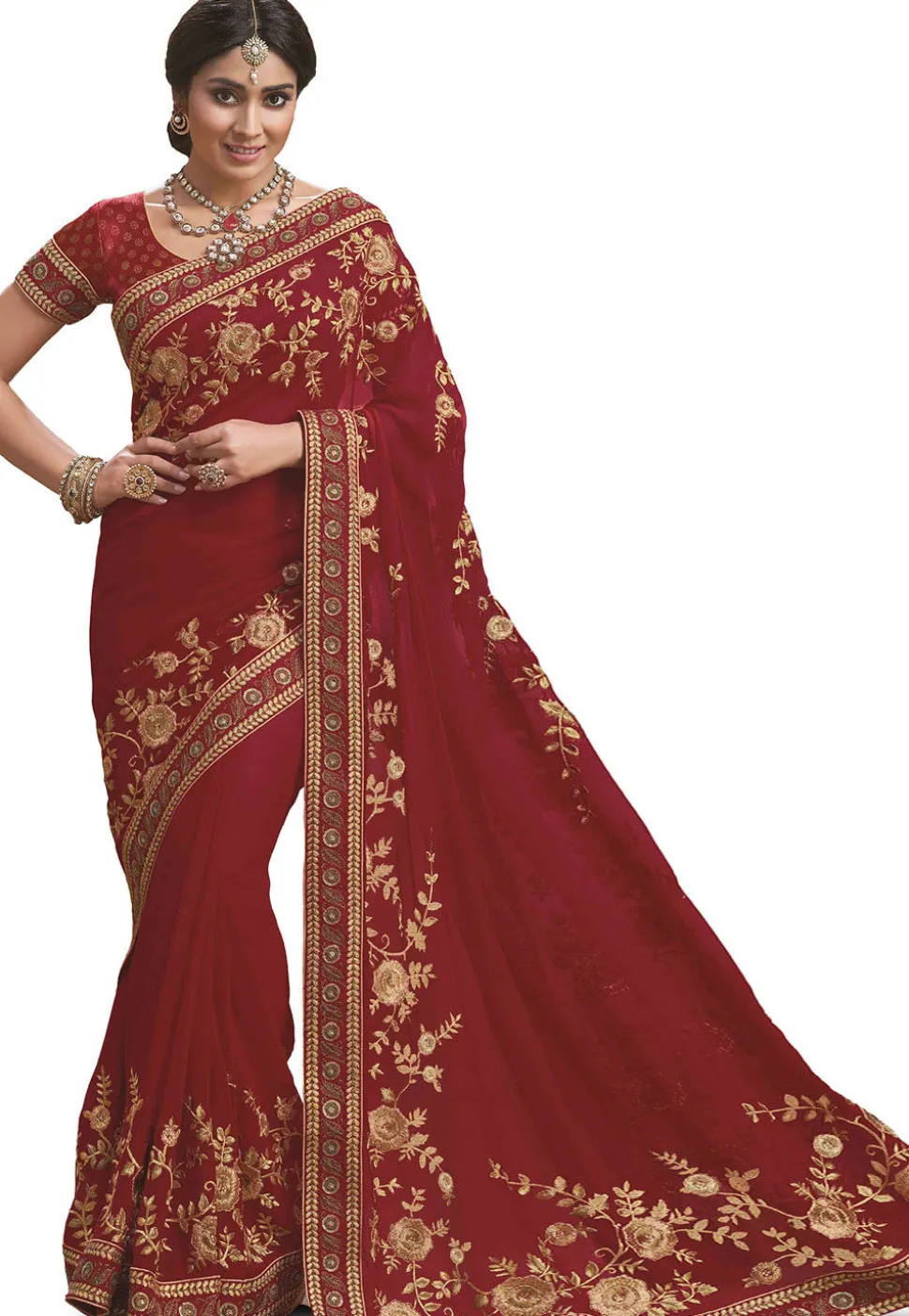 Embroidered Georgette Saree in Red