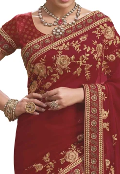 Embroidered Georgette Saree in Red
