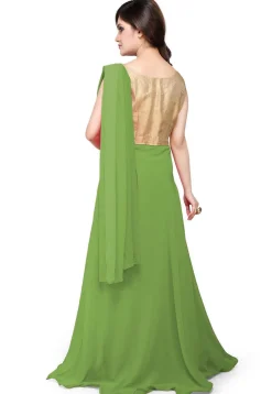 Embroidered Georgette Saree Style Gown in Green and Beige