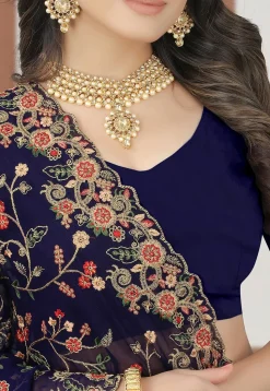 Embroidered Georgette Saree in Navy Blue