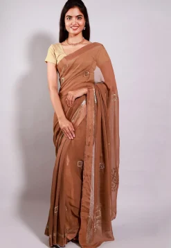 Embroidered Georgette Saree in Brown