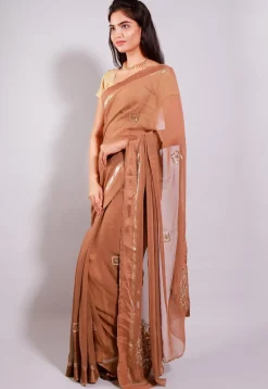 Embroidered Georgette Saree in Brown