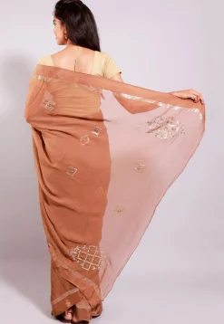 Embroidered Georgette Saree in Brown