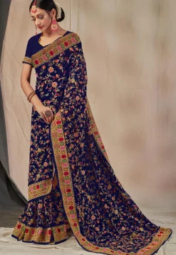 Embroidered Georgette Saree in Navy Blue