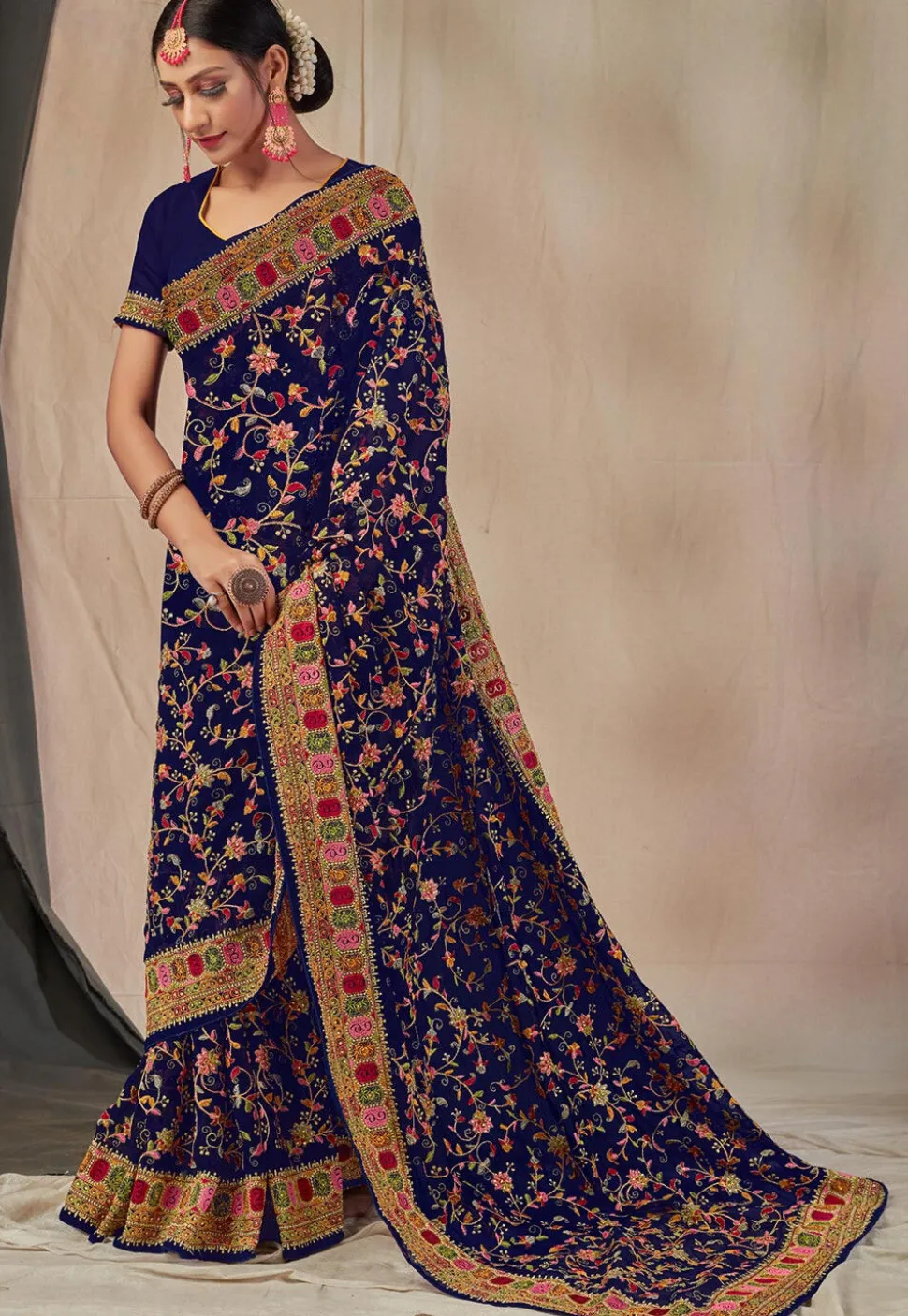 Embroidered Georgette Saree in Navy Blue